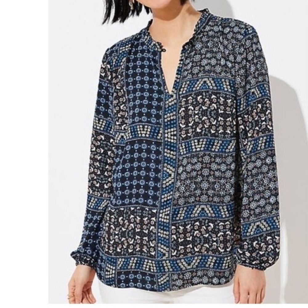 LOFT floral patchwork blue quilt pattern long sleeved blouse S prairie office
